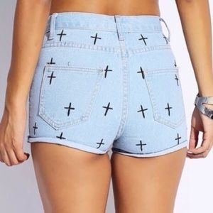 High waisted, stretchy, cross embroidered shorts
